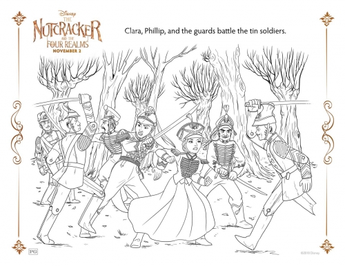 Раскраска Щелкунчик и четыре королевства сцена драки с оловянными солдатикам