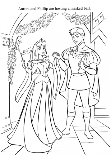 Раскраска принцесса Аврора и принц Филипп на маскараде