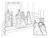 Раскраска картинка по фильму Аладдин - сцена во дворце. Султан, принцесса Жасмин, Далия и Джафар приветствуют гостей