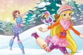 Блум, Стелла и Флора играют в снежки в зимних нарядах 5го сезона