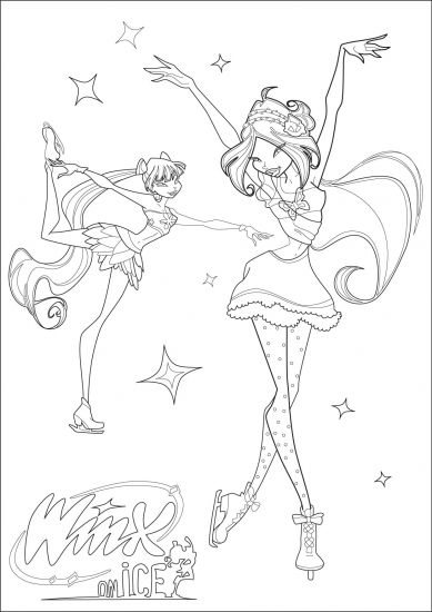 Раскраска Винкс на льду, Флора и Муза