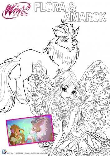Раскраска Винкс 7 сезон, Флора в Батерфликсе и ее волшебный питомец Амарок