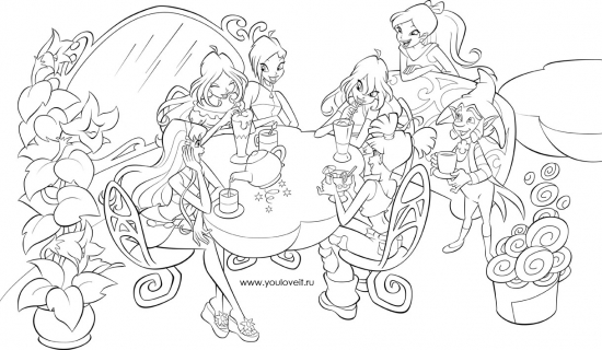 Уникальная раскраска Винкс вместе пьют чай