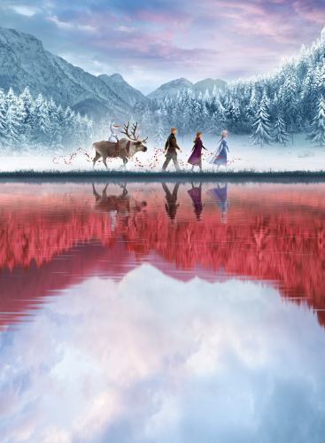 Холодное Сердце 2 герои идут друг за другом, словно на обложке Битлз. В воде отражается осенний лес