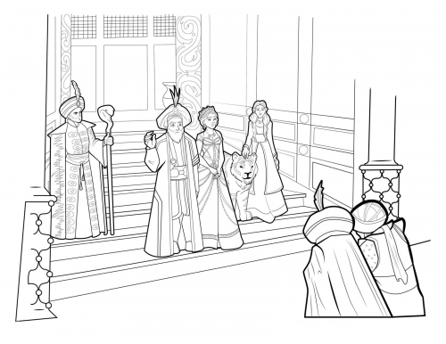 Раскраска картинка по фильму Аладдин - сцена во дворце. Султан, принцесса Жасмин, Далия и Джафар приветствуют гостей