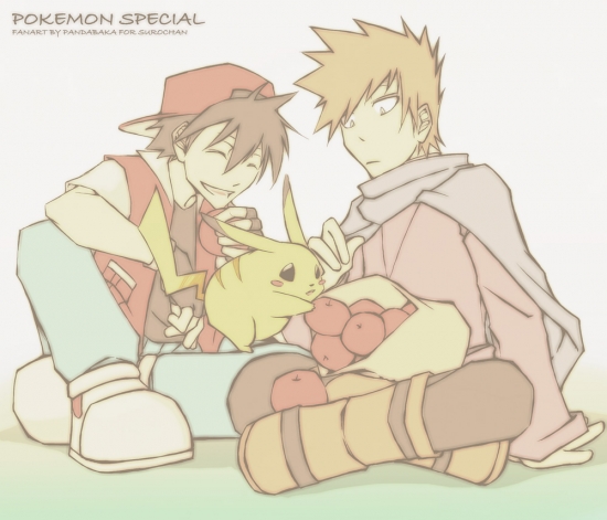 Эш и Гари, и Пикачу таскающий яблоки