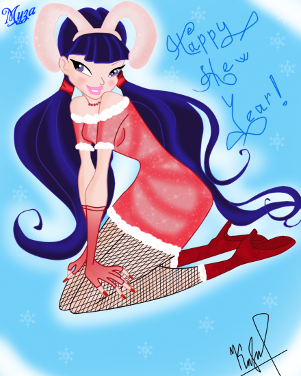 Муза в новогодним костюмчике.