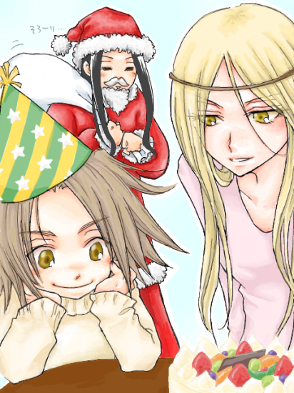 Хана, Анна и Йо в образе деда мороза