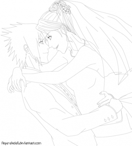 Раскраска Саске и Сакуры в свадебном платье