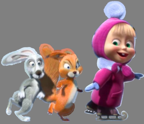 Маша на коньках, с белкой и зайцем
