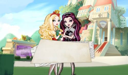 Рейвен и Эппл на фоне школы Ever After High