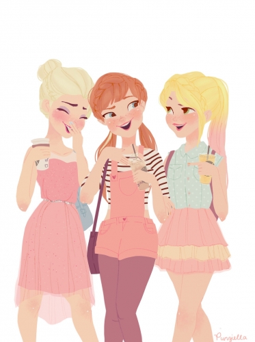 Эльза, Анна и Рапунцель в романтичных нарядах