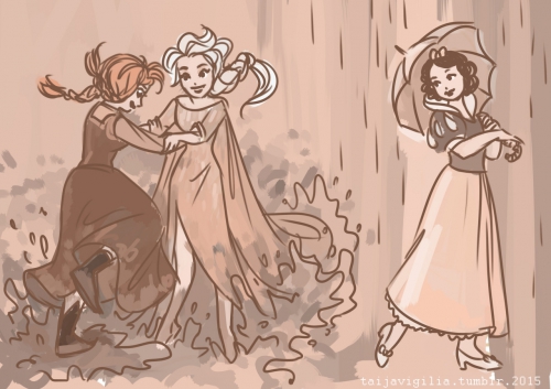 Анна, Эльза и Белоснежка под дождем