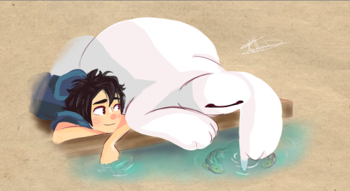 Хиро и Беймакс трогают воду