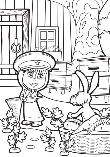 Раскраска Маша и Медведь, Маша в фуражке и кролик