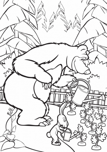 Раскраска Маша и Медведь, Кролик помогает поливать морковь