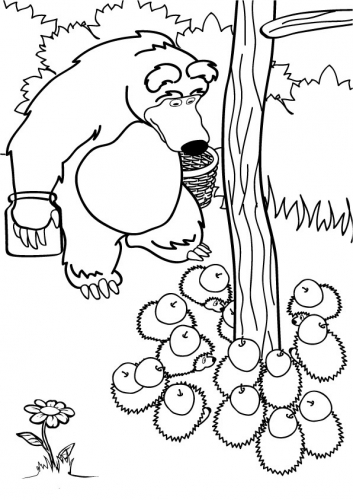Раскраска Маша и Медведь, Мишка и ежики с яблоками