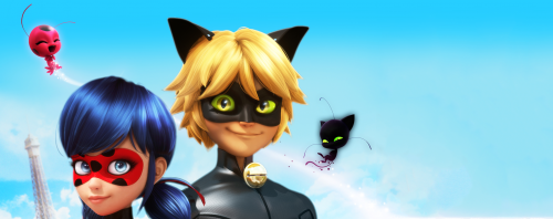 Леди Баг и Супер-Кот красивый баннер с Леди Баг, Котом и квами