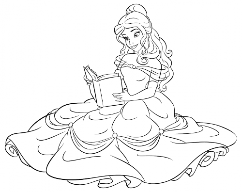 Белль читает книгу в платье, раскраска