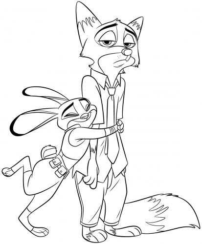 Зверополис Джуди обнимает Ника, раскраска