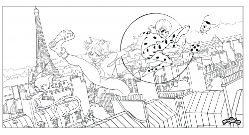 Раскраска Леди Баг и Супер-Кот супер герои Парижа
