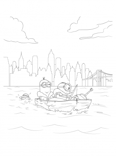 Раскраска Миньоны плывут на лодке