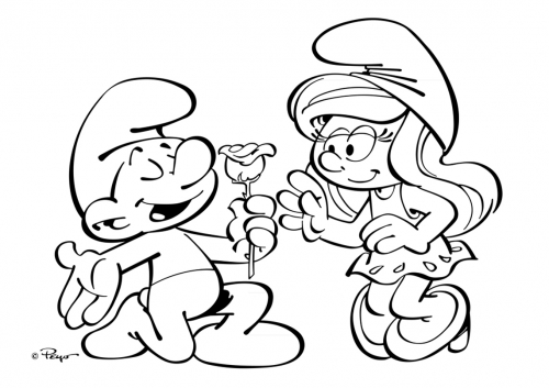 Раскраска смурф дарит Смурфетте цветок