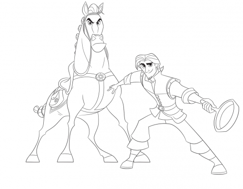 Раскраска Рапунцель Новая История - Юджин со сковородкой и Максимус