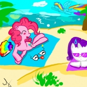 Пони отдыхают у моря