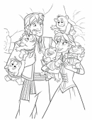 Картинка раскраска Кристофф, Анна и малыши тролли