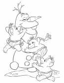 Раскраска снеговик Олаф играет с маленькими троллями