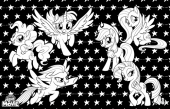 Раскраска My Little Pony в кино вся шестерка пони в сборе, на темном фоне