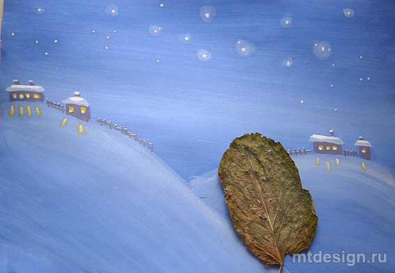 Рисуем зимний пейзаж гуашью - отпечатки листьев