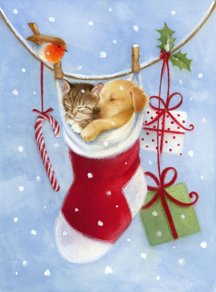 Сибирский котенок c новогодней елкой, новогодняя тема для открытки