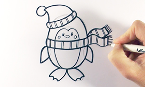 Как нарисовать пингвина в шарфике и шапочке
