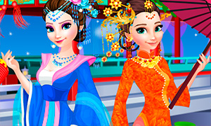 Игра для девочек: Одевалка Эльзы и Анны в восточном стиле