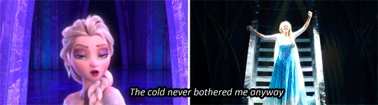 Эльза в мультфильме и в спектакле Frozen Live at the Hyperion