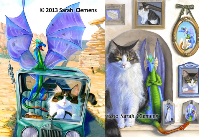 Кот и Дракон в добрых фэнтези рисунках