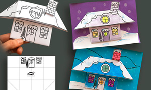 Новогодние поделки из бумаги: Оригами открытка Зимний Домик