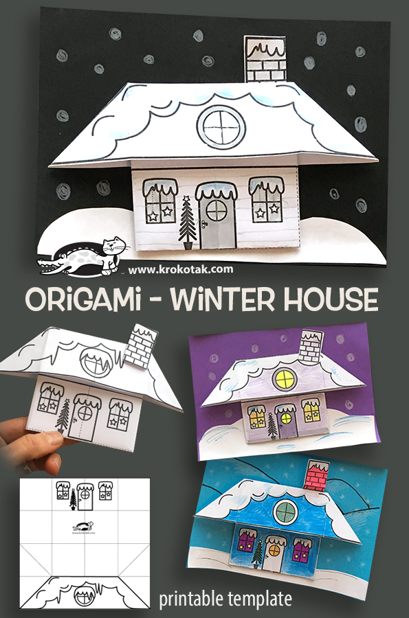 Снежный зимний домик оригами открытка