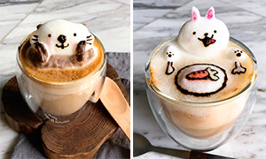 Очаровательный 3D кофе арт, изображающий животных и персонажей поп-культуры