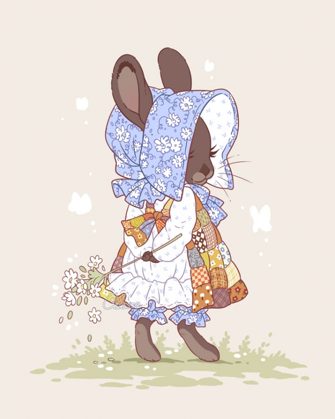 Милота рисунки кролики в чепчиках и платьях