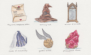Предметы из Гарри Поттера в акварельных рисунках