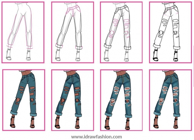 Как нарисовать рваные джинсы