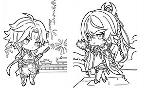 Раскраски Genshin Impact к Китайскому Новому году 2026: чиби-персонажи