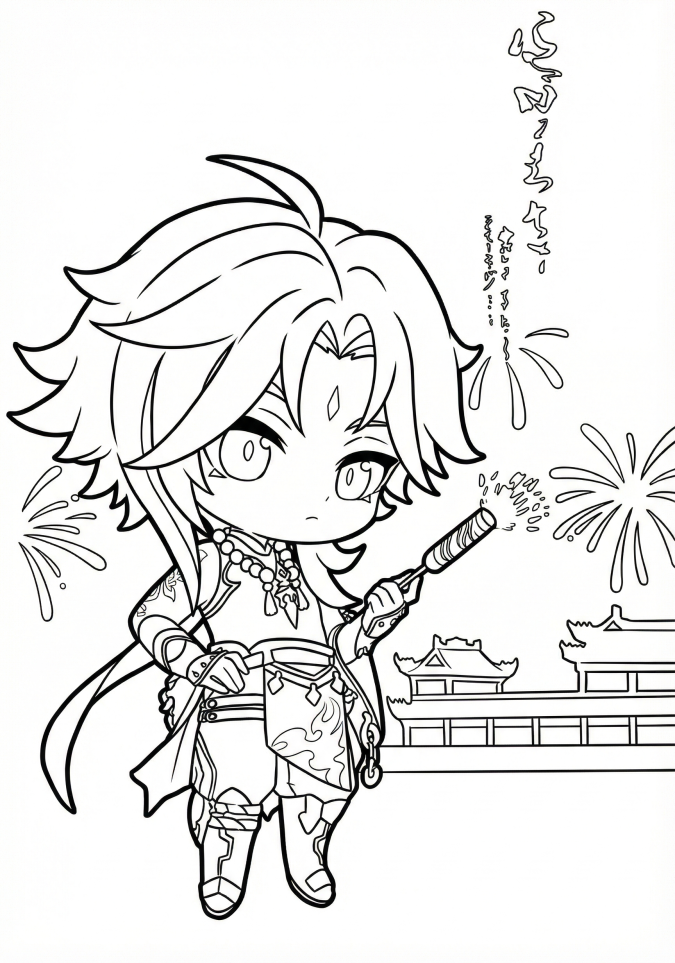 Раскраски Genshin Impact к Китайскому Новому году 2026 Сяо