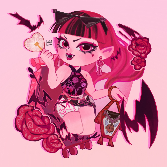 Очаровательный чиби арт с Дракулаурой и другигими героинями Монстер Хай