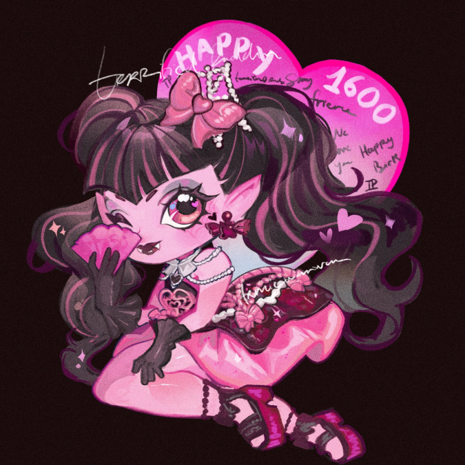 Очаровательный чиби арт с Дракулаурой и другигими героинями Монстер Хай